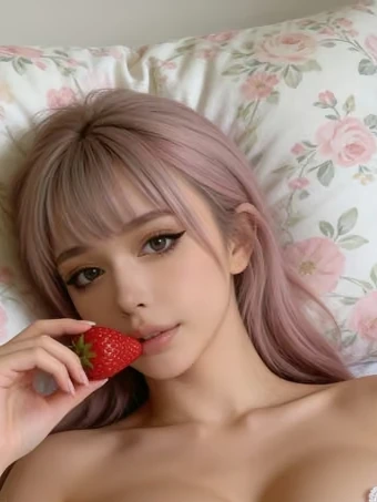 Porträt von Itsumi, einer KI-Figur des Anbieters GoLove: rosa Haare mit Pony, helles Zimmer mit Blumenmuster.